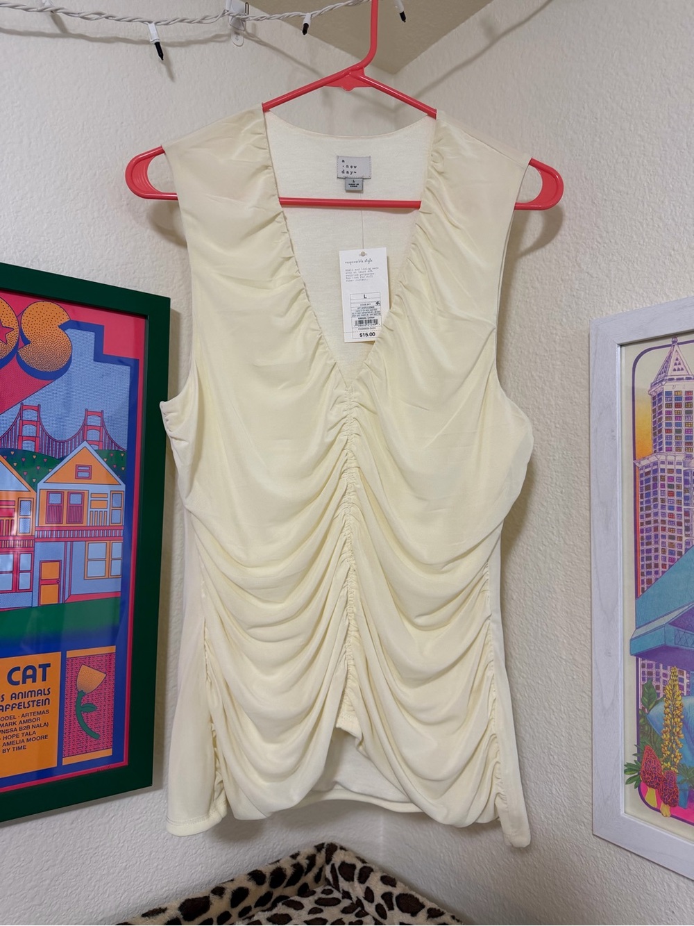 a new day Cream Ruched V-Neck Sleeveless Blouse